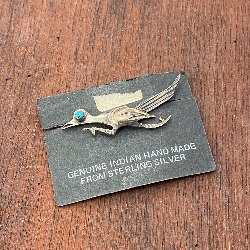Vintage 925 Sterling Silver Native American Turquoise Roadrunner Pendant Broch